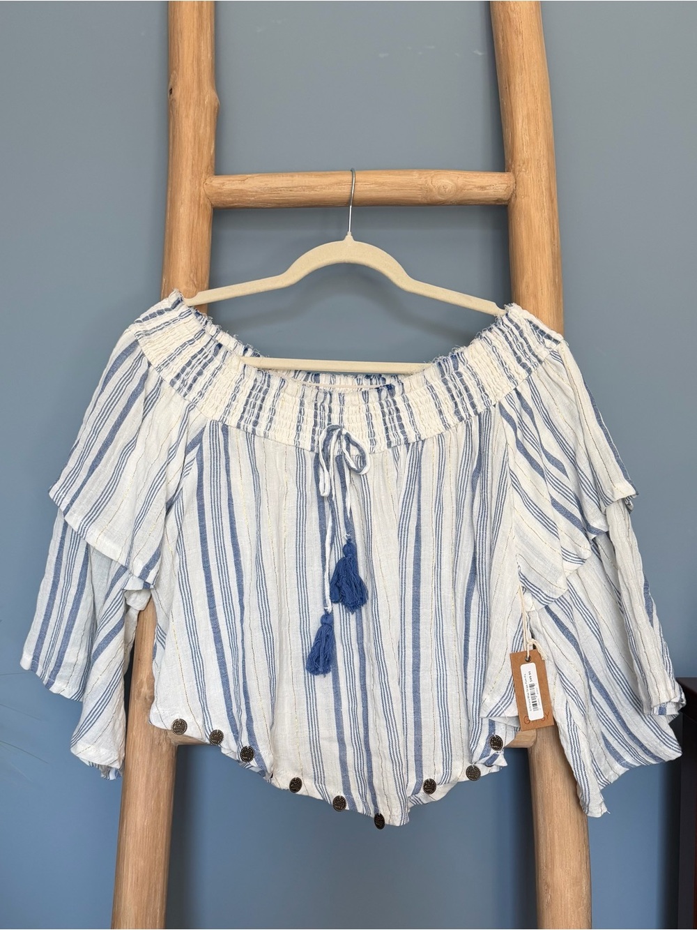 Surf Gypsy Women’s Striped Off-Shoulder Tassel Top